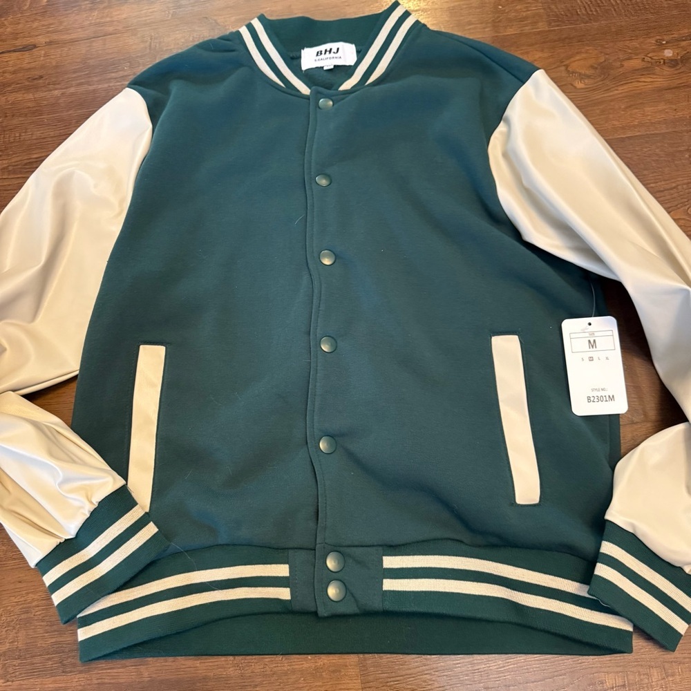 BHJ California Varsity Jacket Medium NWT Green & Cream Oversized Bomber Style